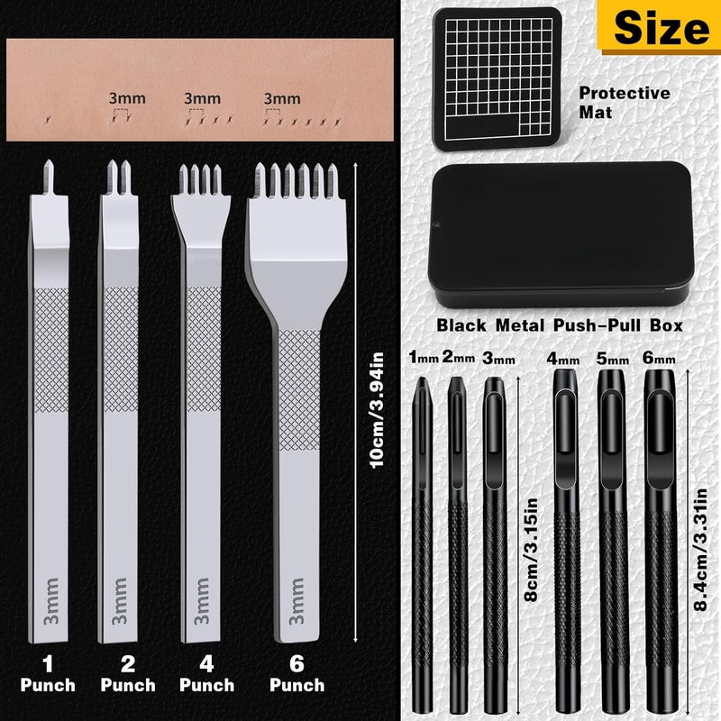 MORFEN Leather Stitching Punch Hole Punch Tool Set, 3mm 1/2/4/6 Prong Punch Chisel, Round Hole Punch for Belt, Watch Band, Leather Strap DIY Crafts - Image 2